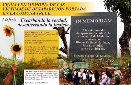 Invitación a vigilia en memoria de las víctimas de desaparición forzada en la Comuna 13 de Medellín
