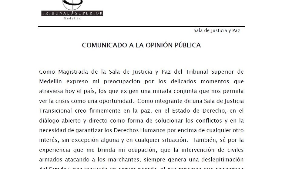 Comunicado a la opinión pública:  Magistrada de la Sala de Justicia y Paz, María Isabel Arango Henao